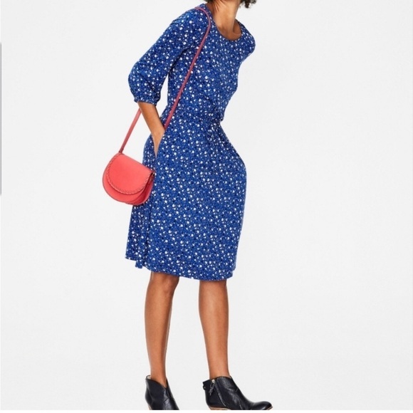 BODEN Talia Lapis Blue Floral Star Print Drawstring Waist Jersey Knit Dress 8P - Picture 1 of 7
